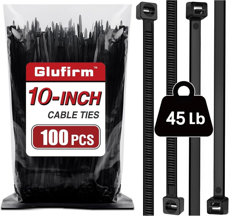 Glufirm Zip Ties 10 inch (100 Pack), Black Cable Ties, 45lb Tensile Strength, Wire Ties, - Image 1